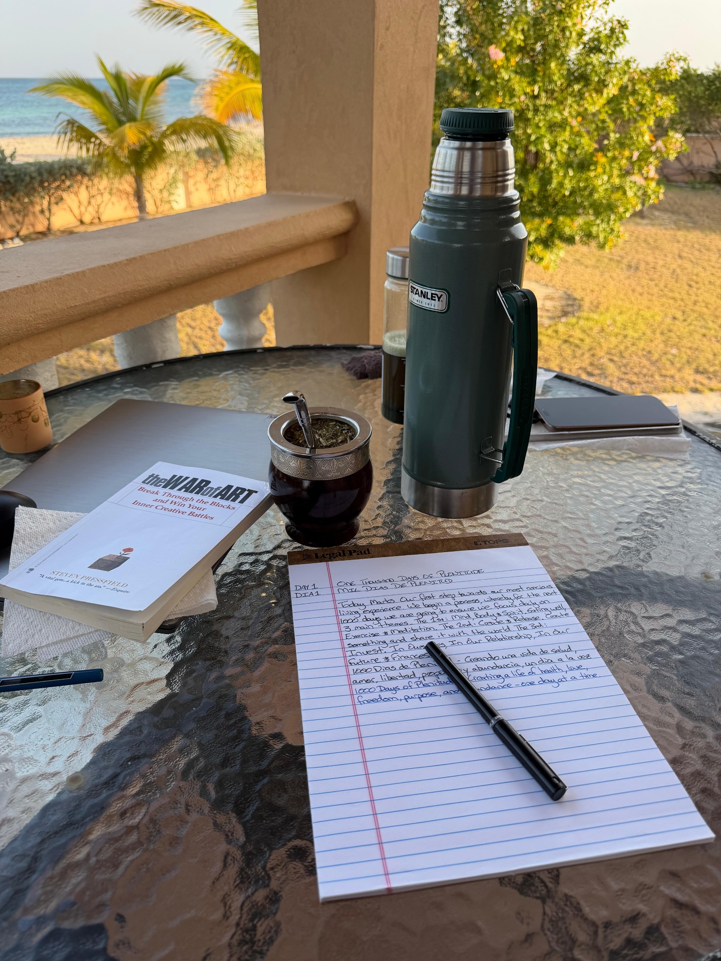 Day One journal and yerba mate at sunrise